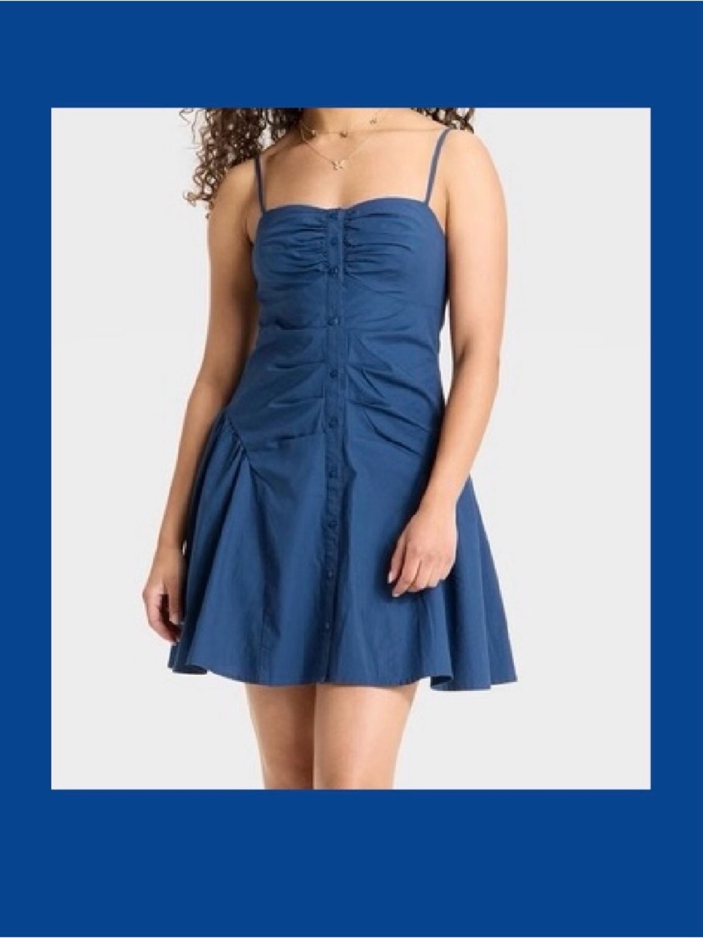 Blue Ruched Button Spaghetti Strap Dress